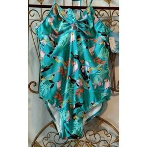 Speedo Kids Girls One Piece Swimsuit Teal Toucan Tropical Print XL‎ 16